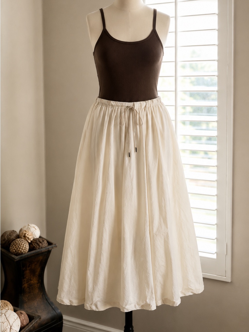 Reformation Cream A-Line Midi Skirt with Drawstring Waist